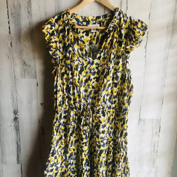 NWOT Velvet by Graham & Spencer Dress Flutter Cap Sleeve Abstract Print Yellow L - Picture 1 of 12